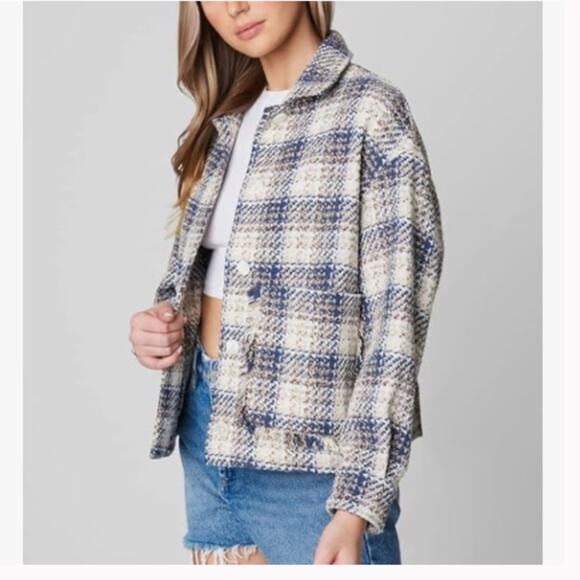 BLANK NYC Plaid Tweed Shacket Jacket In Blue White XS - Picture 1 of 7